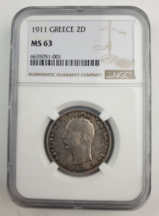 Greece - 2 Drachmas 1911 (MS 63), George I, Silver