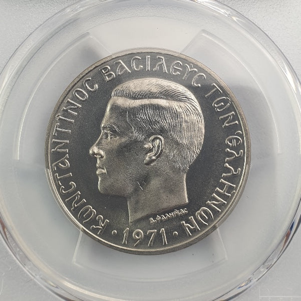 Greece - 10 Drachmas 1971 (MS 68), Constantine II top pop in both companies