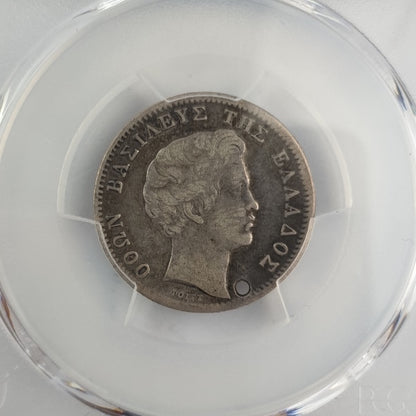 Greece - 1 Drachma 1846 (Genuine Holed-VF Detail), KM-15, Othon, Silver
