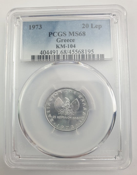 Greece - 20 Lepta 1973 (MS 68), KM-104, Constantine II top pop in both companies