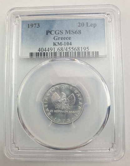 Greece - 20 Lepta 1973 (MS 68), KM-104, Constantine II top pop in both companies