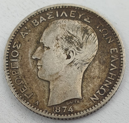 Greece - 1 Drachma 1874A, George I, Silver