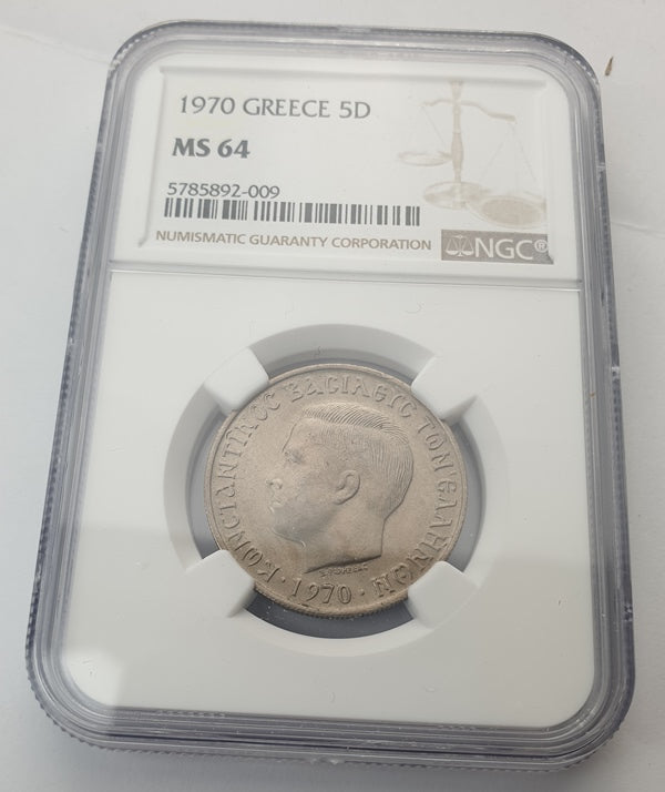 Greece - 5 Drachmas 1970 (MS 64), Constantine II
