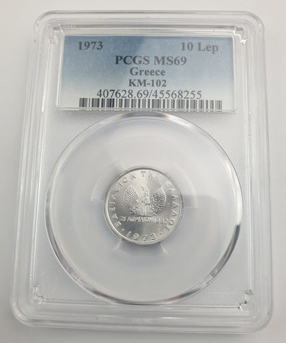 Greece - 10 Lepta 1973 (MS 69), KM-102, Constantine II top pop in both companies