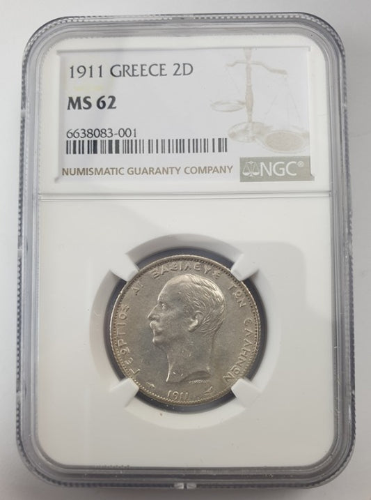 Greece - 2 Drachmas 1911 (MS 62), George I, Silver
