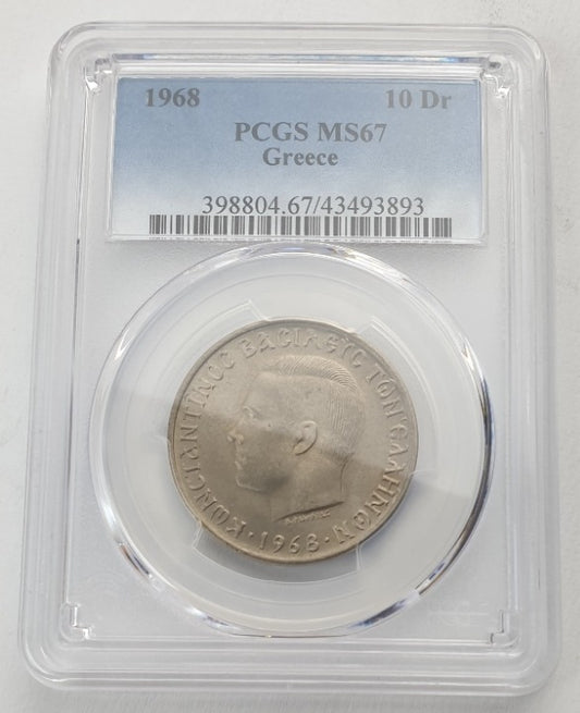 Greece - 10 Drachmas 1968 (MS 67), Constantine II