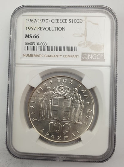 Greece - 100 Drachmas 1967(1970) (MS 66), 1967 Revolution, Constantine II, Silver