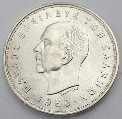 Greece - 20 Drachmas 1960, Paul I, Silver UNC