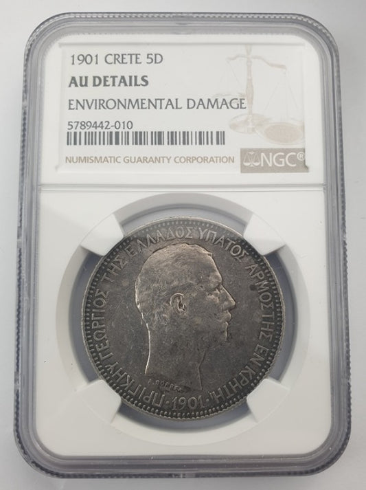 Greece - 5 Drachmas 1901 (AU DETAILS), Environmental Damage, Crete, Silver