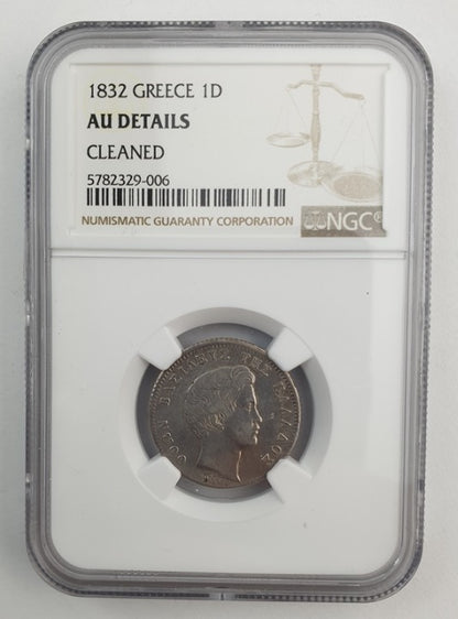 Greece - 1 Drachma 1832 (AU DETAILS), Cleaned, Othon, Silver