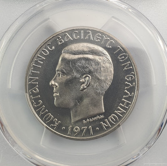 Greece - 10 Drachmas 1971 (MS 68), Constantine II top pop in both companies